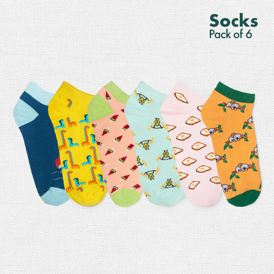 Foodgasm Series 1! + Animalholic Series 1! Unisex Socks, 100% Organic Cotton, Ankle Length, Pack of 6