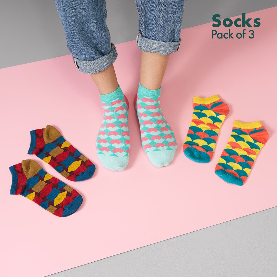 Geometri-fication Series 1! Unisex Socks, 100% Organic Cotton, Ankle Length, Pack of 3