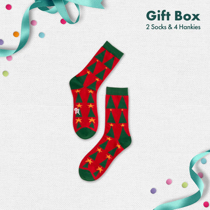 JLT! Jingle Bell Like That! 2 Unisex Crew Length Socks + 4 Hankies, 100% Organic Cotton, Gift Box of 6