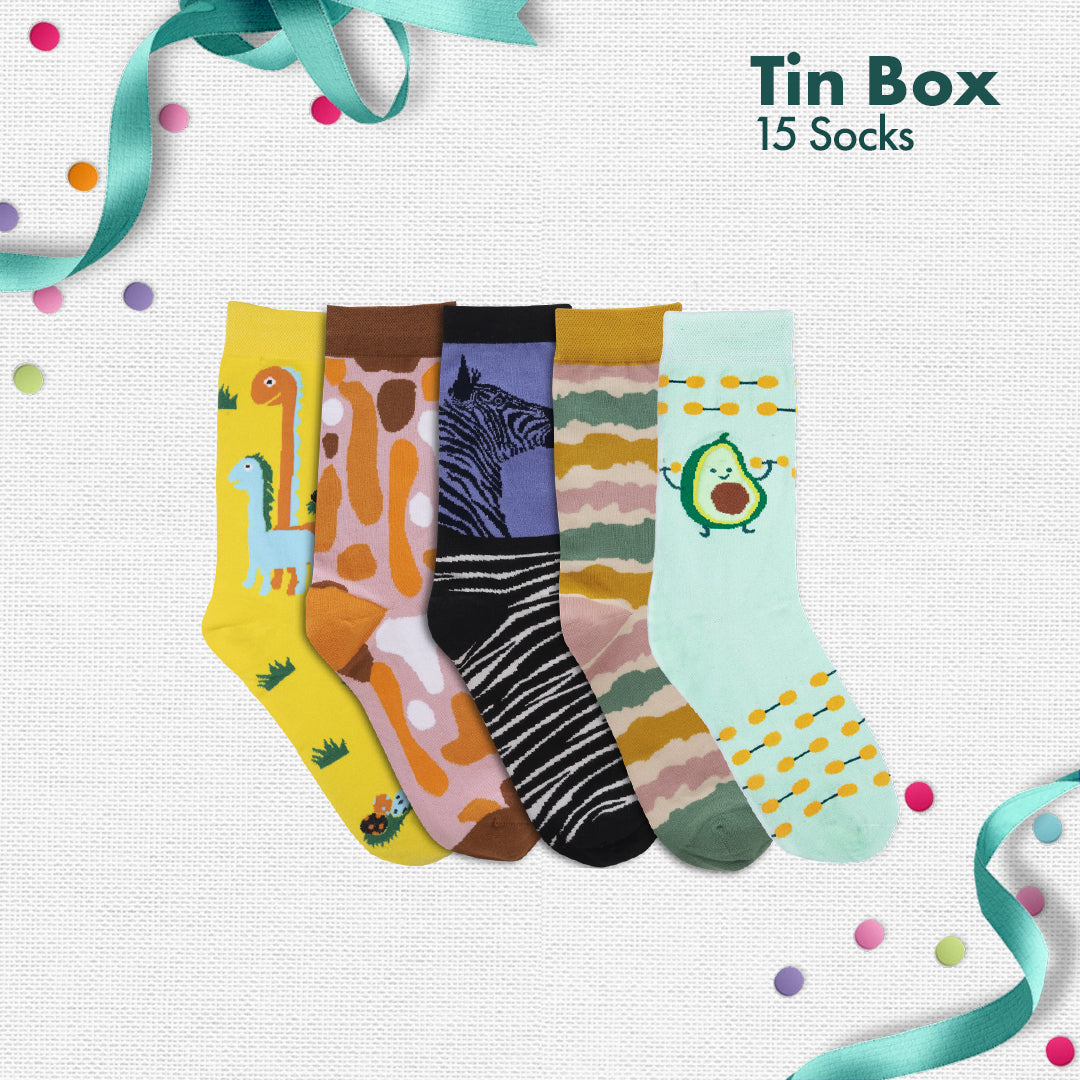 Peacock A Boo! Tin Gift Box, Unisex Crew Length Socks, 100% Organic Cotton, Box Of 15