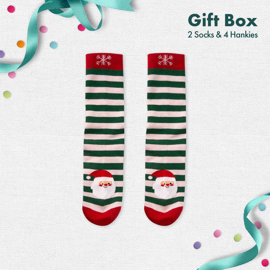JLT! Jingle Bell Like That! 2 Unisex Crew Length Socks + 4 Hankies, 100% Organic Cotton, Gift Box of 6