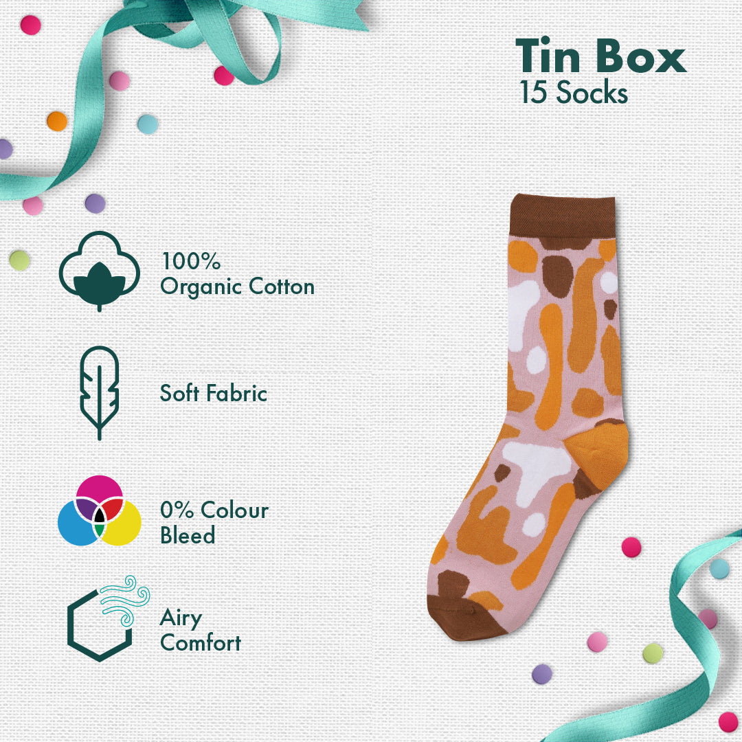 Peacock A Boo! Tin Gift Box, Unisex Crew Length Socks, 100% Organic Cotton, Box Of 15