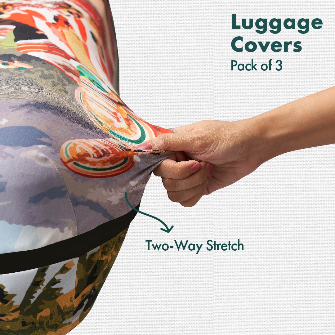 Serene Kerala! Luggage Covers, 100% Organic Cotton Lycra, Small+Medium+Large Sizes, Pack of 3