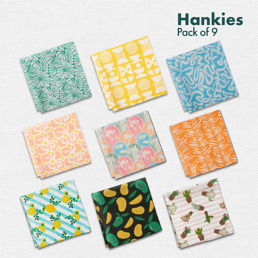 Sun-kissed! Men's Hankies, 100% Organic Cotton, Pack of 9