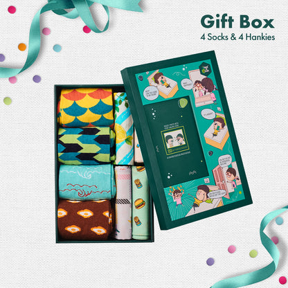 Photo-synthesis! Sibling Love Gift Box, 4 Unisex Crew Length Socks + 4 Hankies, 100% Organic Cotton, Box of 8