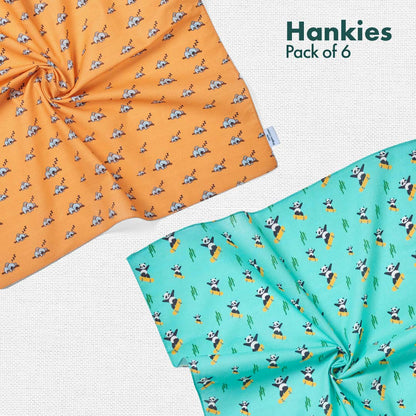 Animalholic! + Travelicious! Men's Hankies, 100% Organic Cotton, Pack of 6
