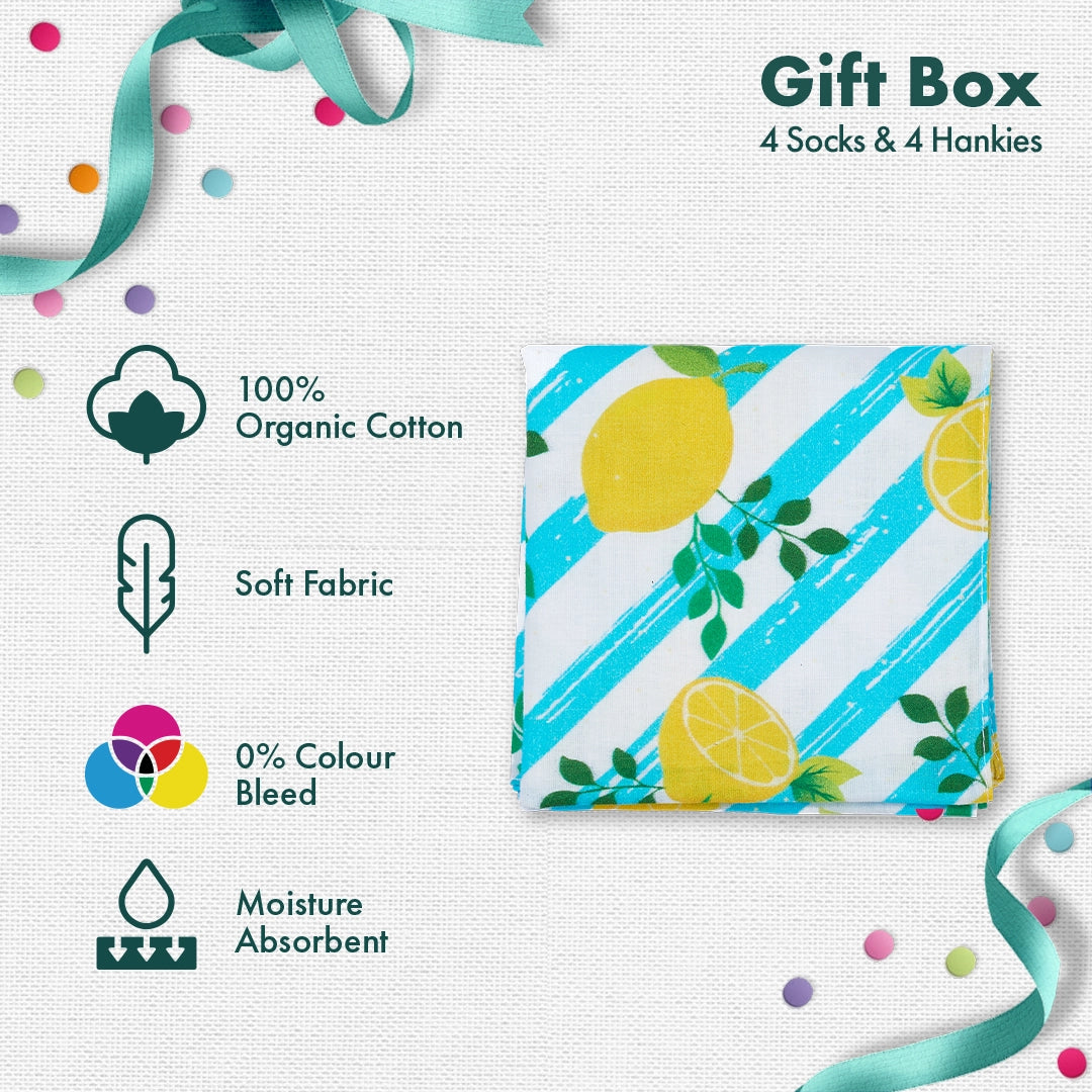 Photo-synthesis! Sibling Love Gift Box, 4 Unisex Ankle Length Socks + 4 Hankies, 100% Organic Cotton, Gift Box of 8