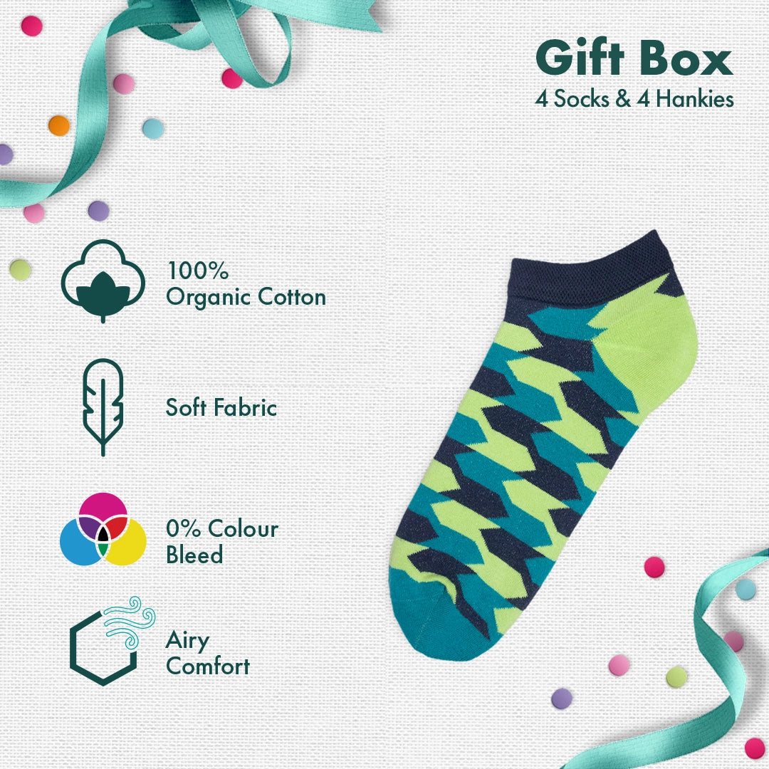 Photo-synthesis! Sibling Love Gift Box, 4 Unisex Ankle Length Socks + 4 Hankies, 100% Organic Cotton, Gift Box of 8
