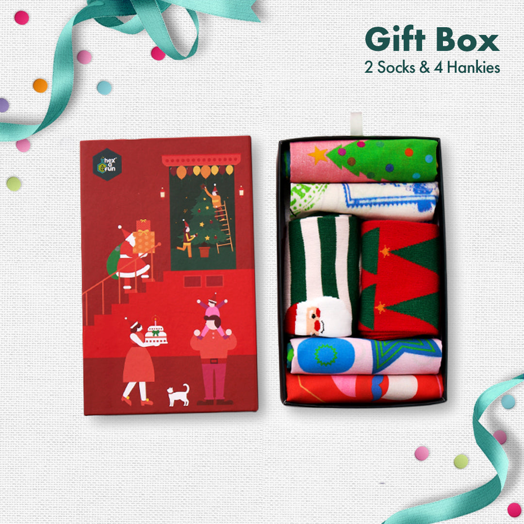 JLT! Jingle Bell Like That! 2 Unisex Ankle Length Socks + 4 Hankies, 100% Organic Cotton, Gift Box of 6