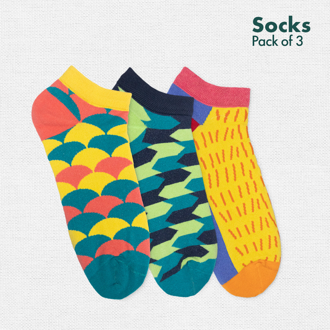 Geometri-fication Series 2! Unisex Socks, 100% Organic Cotton, Ankle Length, Pack of 3