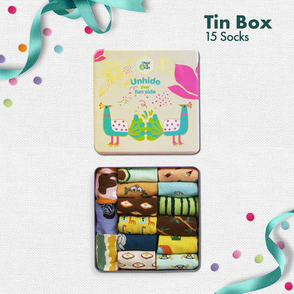 Peacock A Boo! Tin Gift Box, Unisex Ankle Length Socks, 100% Organic Cotton, Box Of 15