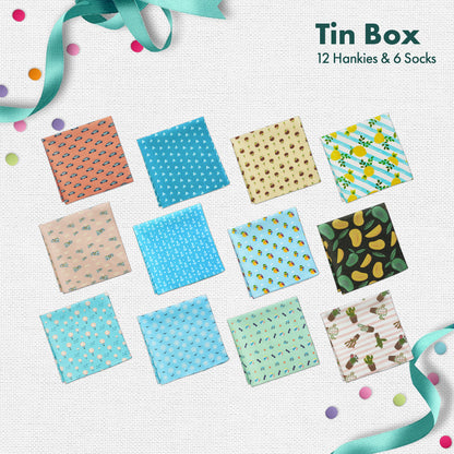 GMT! Giraffe Mood Time! Tin Gift Box, 12 Men's Hankies + 6 Unisex Ankle Length Socks, 100% Organic Cotton, Box of 18
