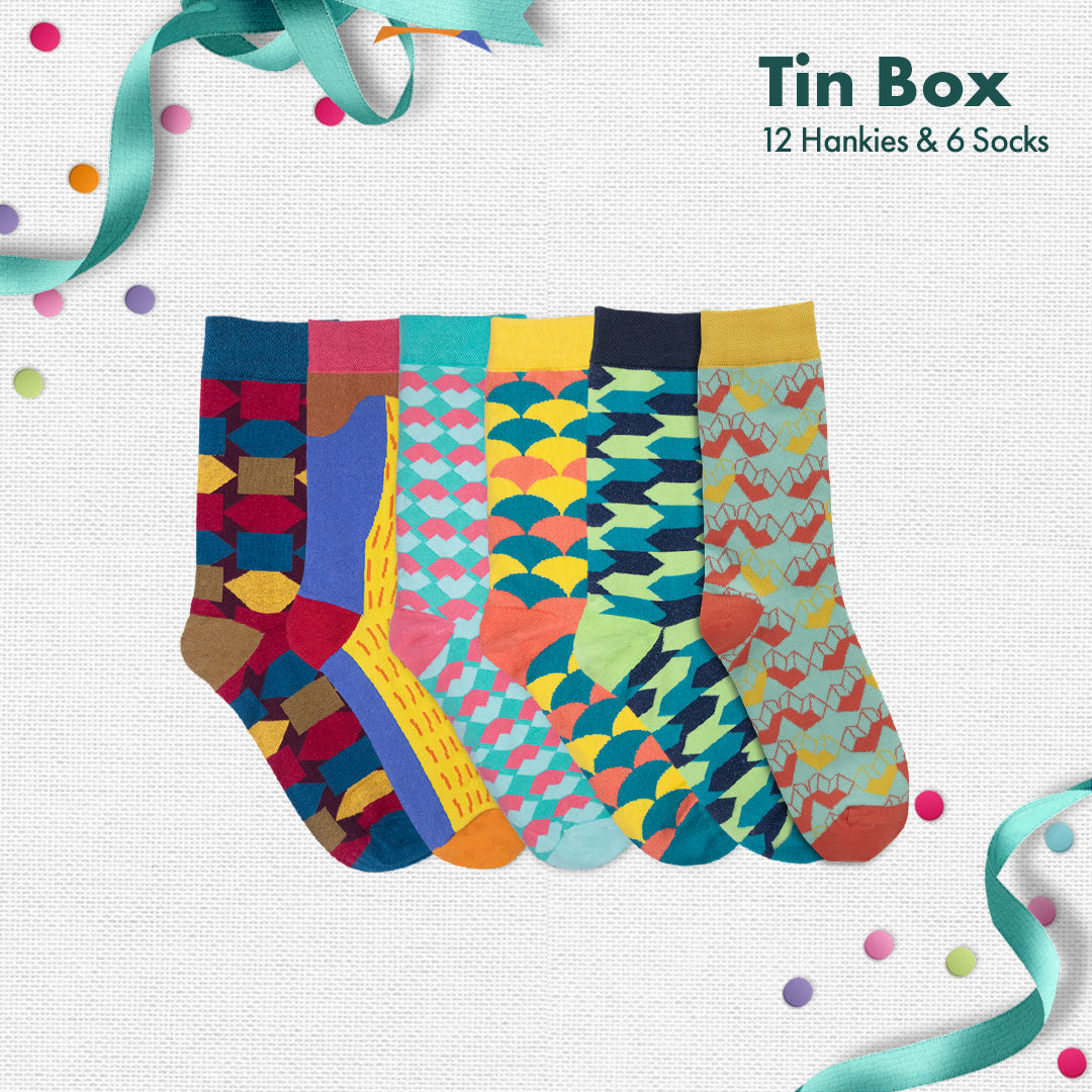 GMT! Giraffe Mood Time! Tin Gift Box of  12 Men's Hankies + 6 Crew Length Socks