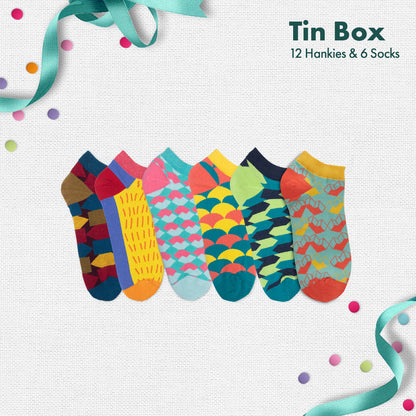 GMT! Giraffe Mood Time! Tin Gift Box, 12 Men's Hankies + 6 Unisex Ankle Length Socks, 100% Organic Cotton, Box of 18