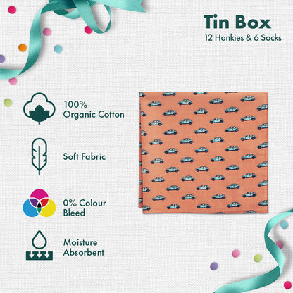 GMT! Giraffe Mood Time! Tin Gift Box, 12 Men's Hankies + 6 Unisex Crew Length Socks, 100% Organic Cotton, Box of 18