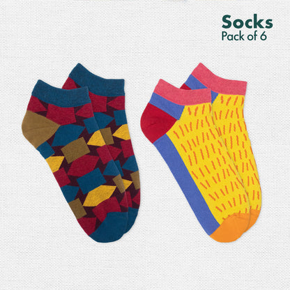 Geometri-fication Series 1! + Series 2! Unisex Socks, 100% Organic Cotton, Ankle Length, Pack of 6