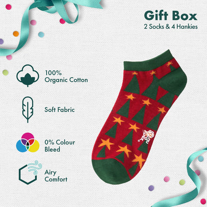JLT! Jingle Bell Like That! 2 Unisex Ankle Length Socks + 4 Hankies, 100% Organic Cotton, Gift Box of 6