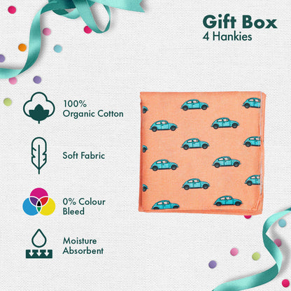 GIF! Gifting Is Fun! Unisex Kid's Hankies, 100% Organic Cotton, Gift Box of 4