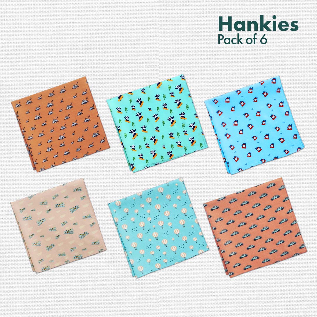 ANIMALholic! + TRAVELicious! Men's Hankies, 100% Organic Cotton, Pack of 6