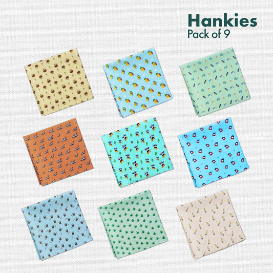 Animalholic! + Happy High! + TBC! The Boss Collection! Men's Hankies, 100% Organic Cotton, Pack of 9