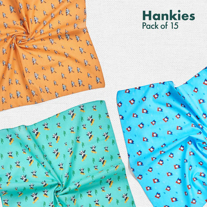 TBC! The Boss Collection! + Animalholic! + Travelicious! + Now You Sea Me! + Beach Please! Men's Hankies, 100% Organic Cotton, Pack of 15