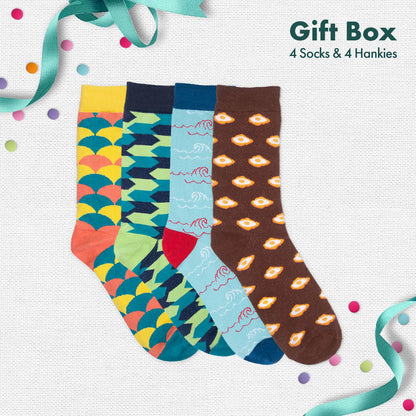 PHOTO-synthesis! Sibling Love Gift Box, Crew Length Socks + Hankies, 100% Organic Cotton, Box of 4+4